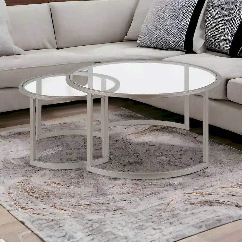 Set of 2 36   Glass And Steel Round Nested Coffee Tables - 36 x 36 x 18