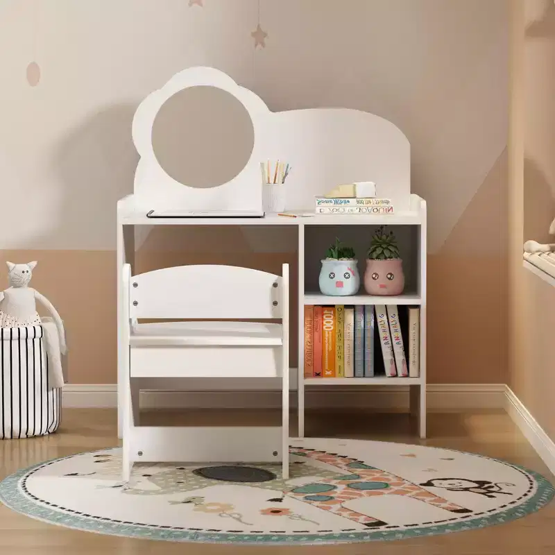 JVNOXK Kids Dressing Set with Storage Rack (Includes Mirror and Chair) Activity Desk for Boys and Girls Ideal for Playrooms and Bedrooms - White