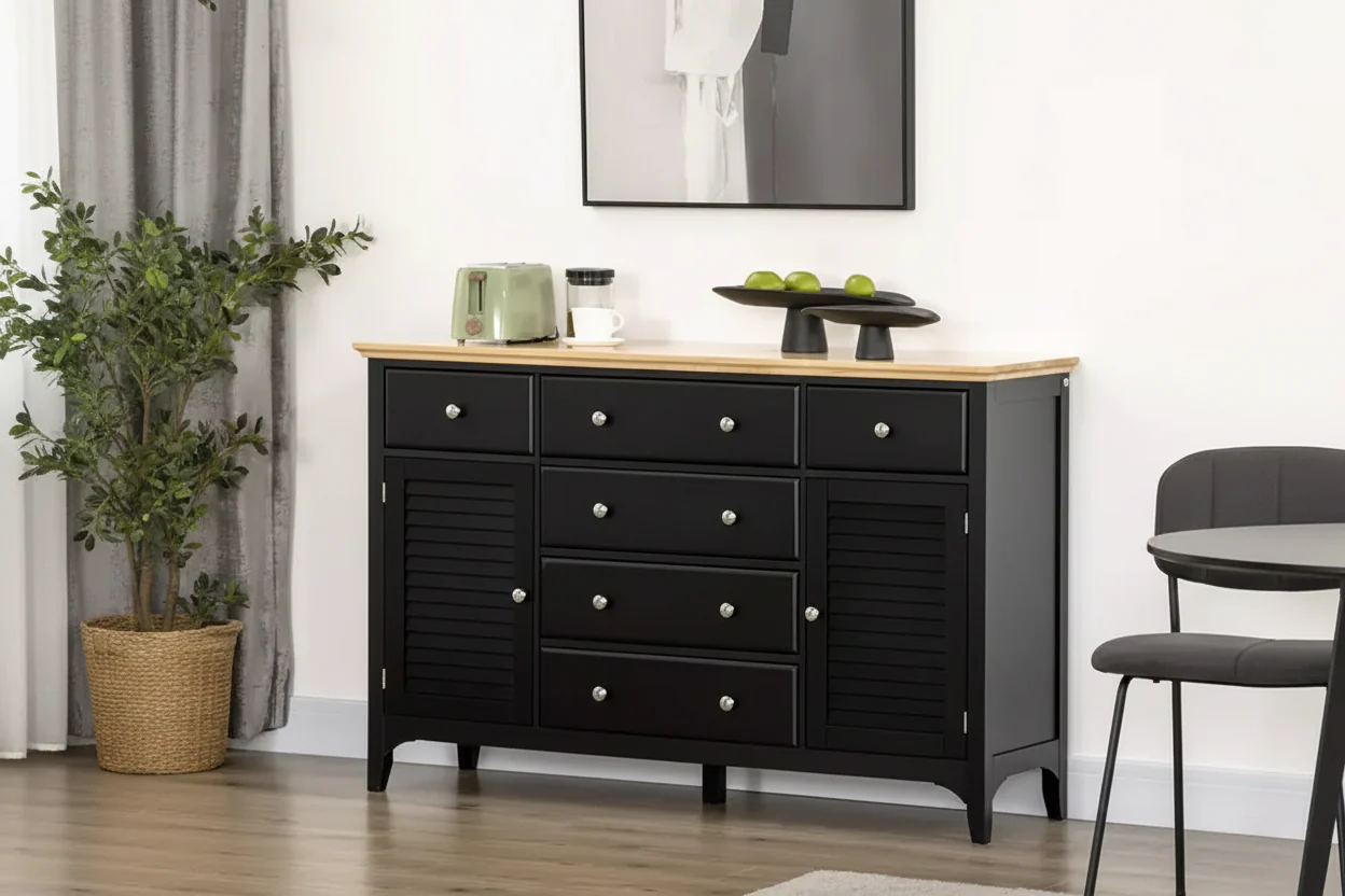Sideboard Buffet Cabinet with Storage Drawers, Rubber Wood Top and Adjustable Shelves
