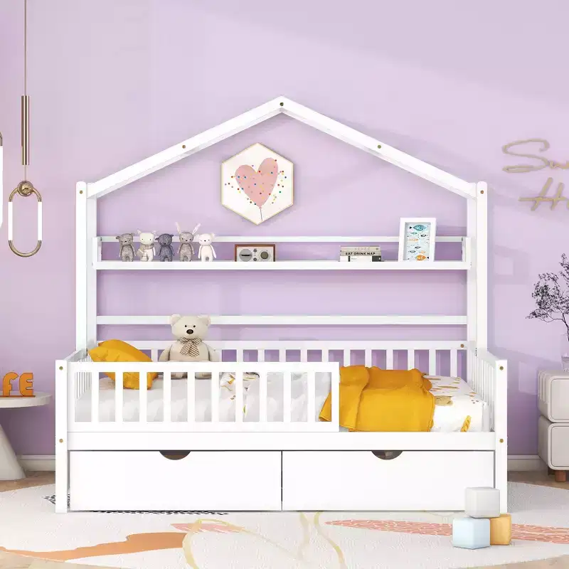 Full Size House Bed with Drawers and Storage Shelves, Kids Platform Bed with Fence Rails Wood Playhouse Tent Bed Frame for Girls Boys, White