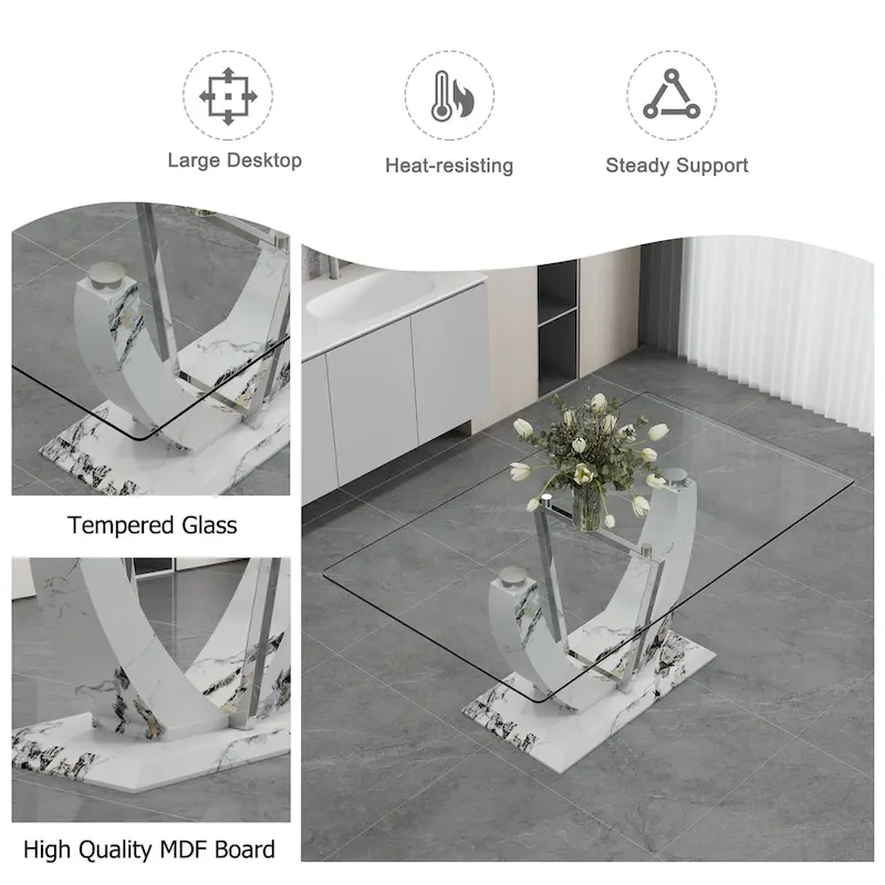 Modern Tempered Glass Dining Table Set with U-shaped Marble Pattern Base and PU Upholstered Chairs