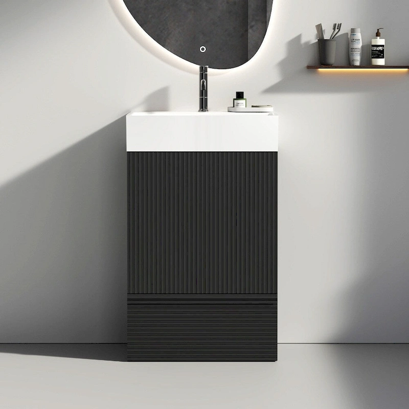 Single Sink Bathroom Vanity, Modern Grille-patterned Freestanding Vanity With Hidden Handle, Wood Bathroom Cabinet