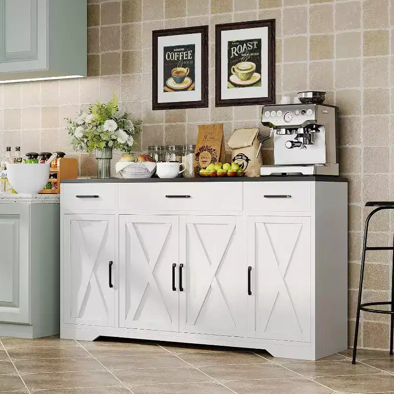 Farmhouse Sideboard Buffet Cabinet with Storage  55 Large Kitchen Buffet with 3 Drawers, Wood Coffee Bar Station for Dining Room & Living Room