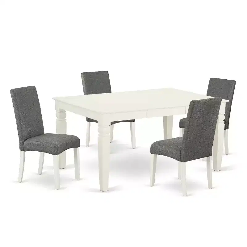 Kitchen Table Set 5pc Rectangle Table w/ Leaf & 4 Chairs - Linen White Legs, Gray Fabric