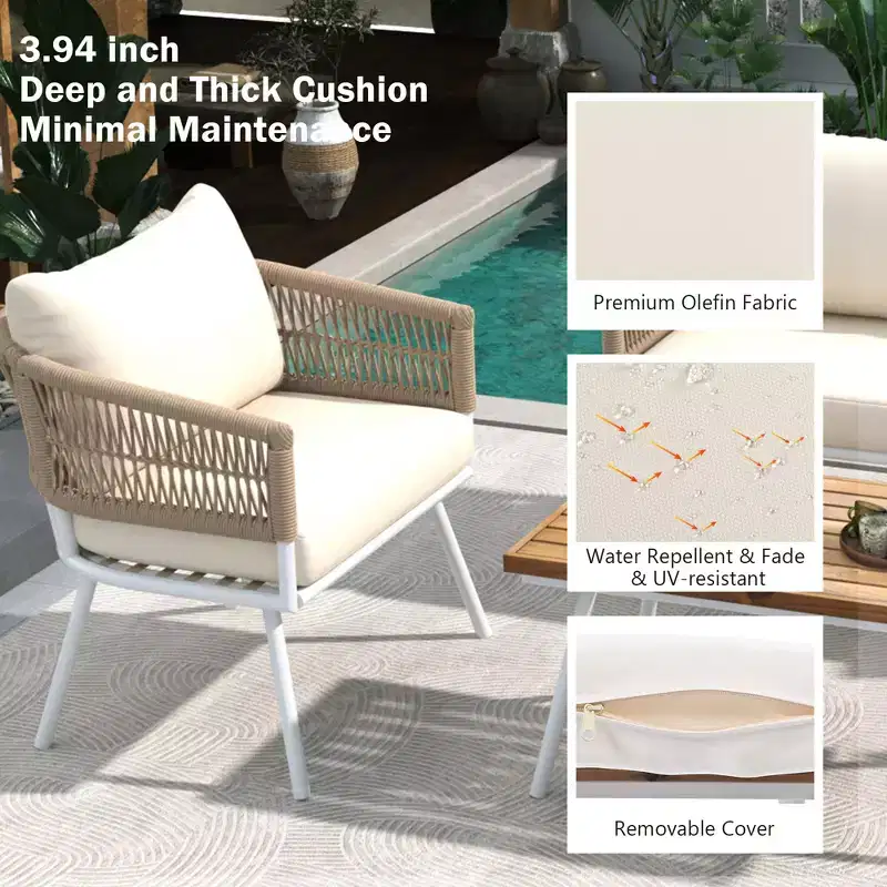GDFStudio Shaun 4 Piece Boho Patio Conversation Set with Acacia Wood Coffee Table and Metal Seating