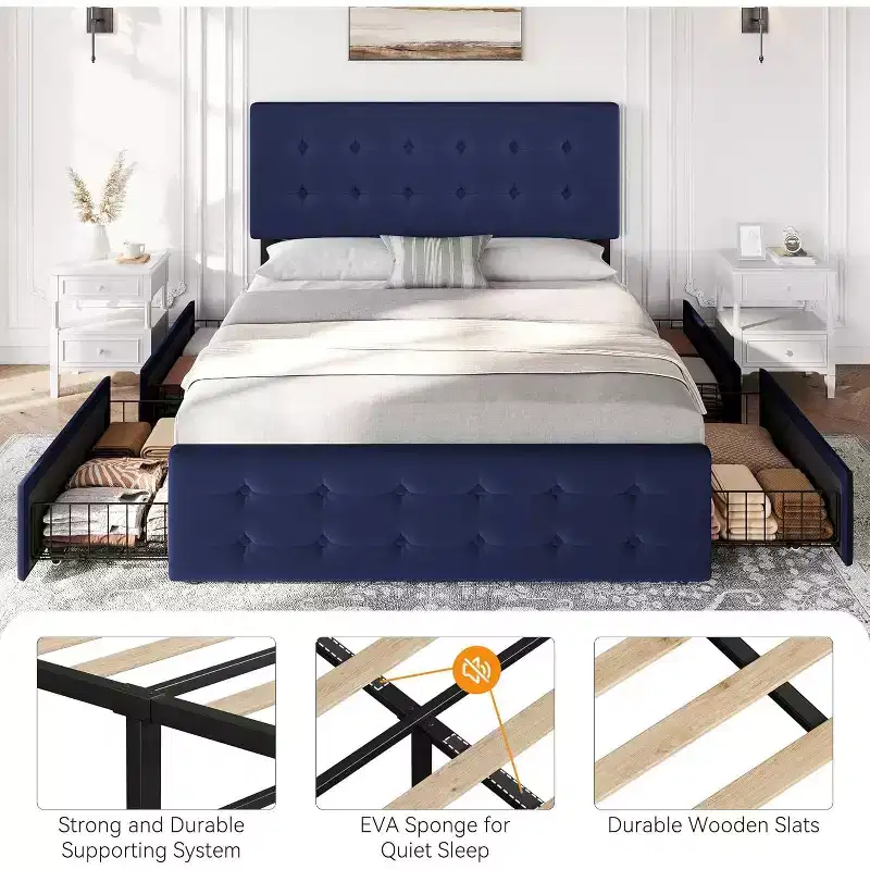 Queen Size Velvet Upholstered Platform Bed Frame, 4 Drawers & Adjustable Headboard, Button Tufted, Wooden Slats, No Box Spring Needed, Blue