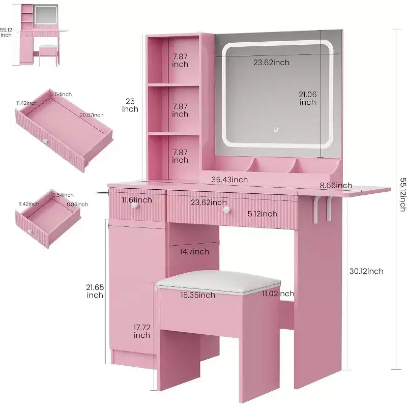 Vanity Desk with Mirror and Lights, Power Outlets Makeup Table with Drawers & Cabinet, Storage Stool, Dressing Table for Bedroom