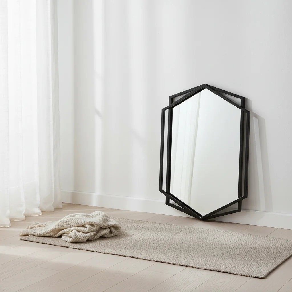 31.8X22 Inch Asymmetrical Wall Mirror, Black Metal Frame Hexagon Bathroom Mirrors, Hanging Decor Vanity Mirror for Bedroom Entryway Hall