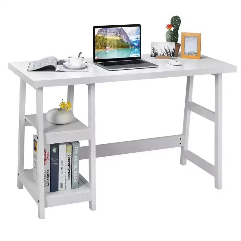Costway Trestle Computer Desk Home Office Workstation w/Removable Shelves Vintage BlueWhite