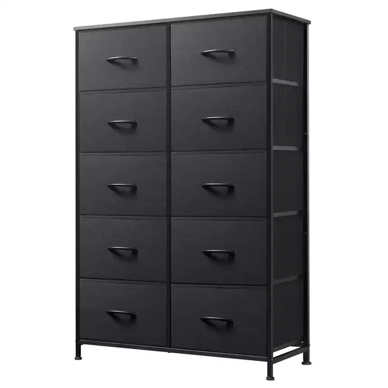 Tall Dresser with 10 Fabric Drawers, Storage Tower with Cabinet, Metal Frame, Organizer Units for Closet