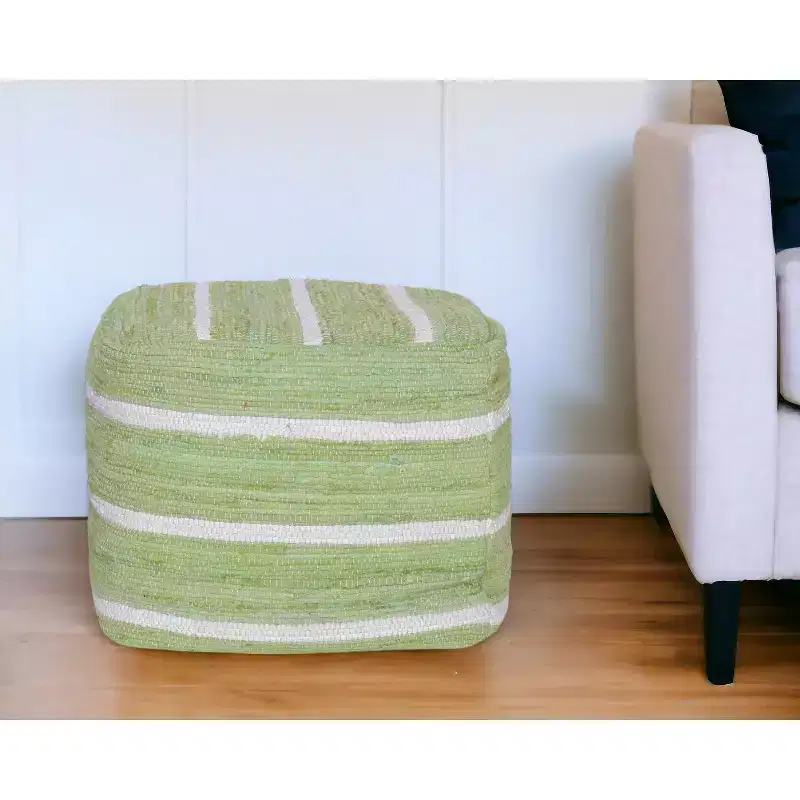 Green & White Striped Cube Ottoman, Single-Person Cotton Pouf Footrest, 18 x 18 x 18 Inches