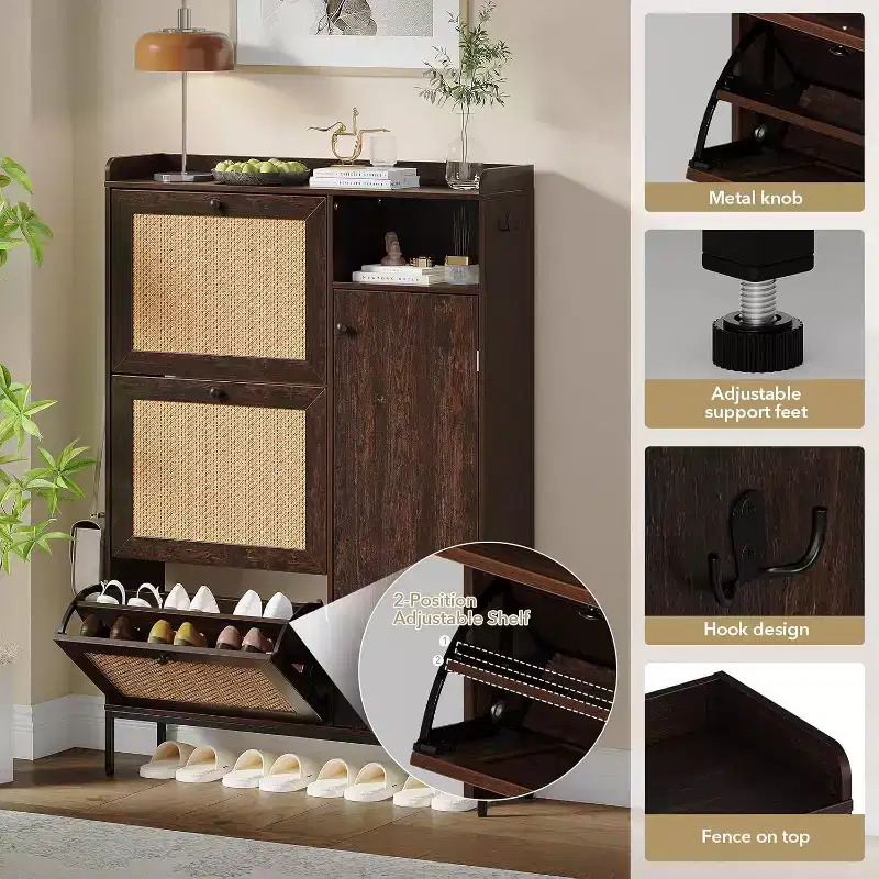 CuisinSmart 3 Tier Free Standing Shoe Cabinet with Natural Rattan, Shoe Organizer with Adjustable Shelves, Narrow Shoe Rack for Hallway, Cherry