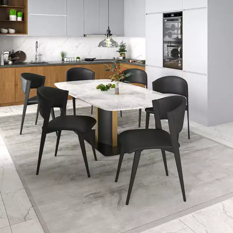 Upholstered Dining Chair in Leather Seats with Black Iron Frame and Legs, Modern Kitchen, Dining Room, Cafe Seating