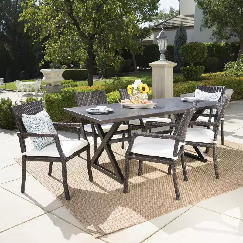 Christopher Knight Home Alani Outdoor Wicker and Aluminum 7 Piece Dining Set with Cushion, Multibrown/Cream White