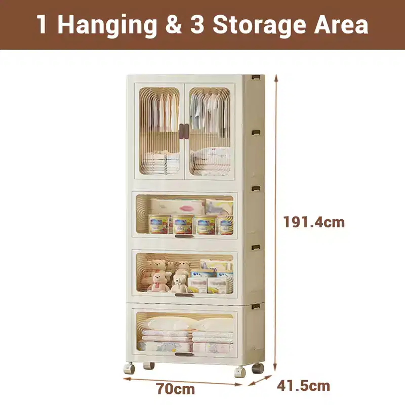 Stackable Closet Storage Bins, Collapsible Clothes Organizers, Portable Wardrobe Closet w/Lids and Doors, Movable Clothes Storage with Coat Hangers