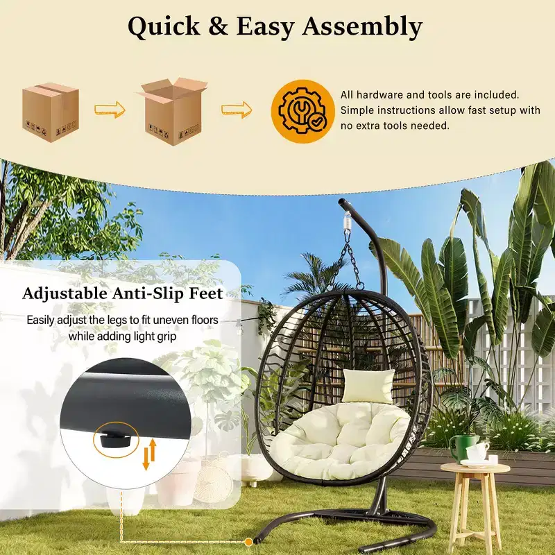 Whisen Single Person Folding Egg Chair with Stand, Hammock Swing Chair with Adjustable Anti-Slip Feet