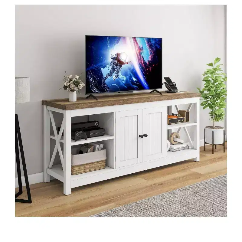 TV Stand up to 65 Inches with Power Outlets, Farmhouse Entertainment Center Cabinet with Storage Shelves for Living Room,White &Grey Wash