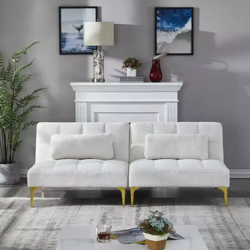 Comfortable Teddy Fabric Futon Sofa Gold Metal Legs, Foam & Spring for Living Room White