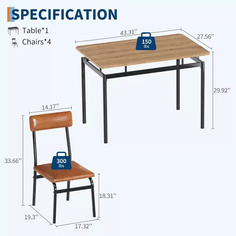 5-Piece Industrial Dining Set for 4, Brown Table and Chairs with Leatherette Upholstery, Space Saving Design for Small Spaces, Easy Clean Surface