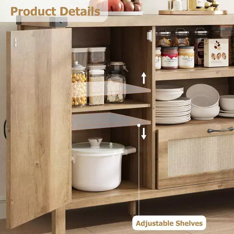 Wood & Rattan Sideboard Cabinet 59.1''W x 18.43''D x 8.07''H
