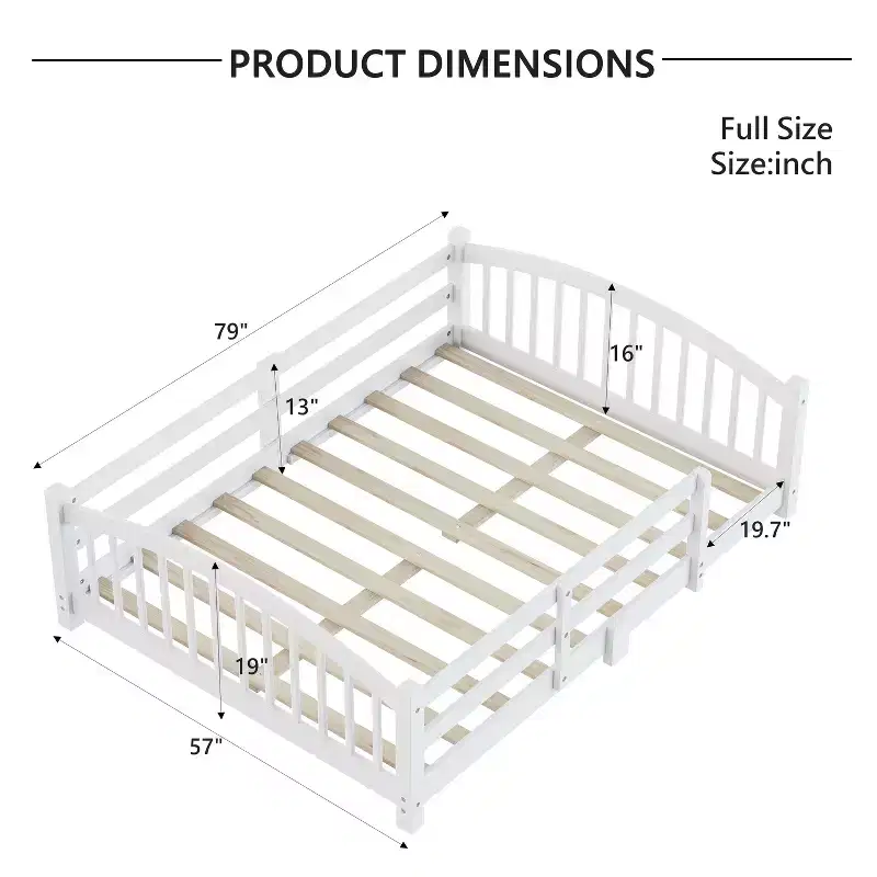 Full Size Montessori Low Profile Bed with Safety Rails and Headboard