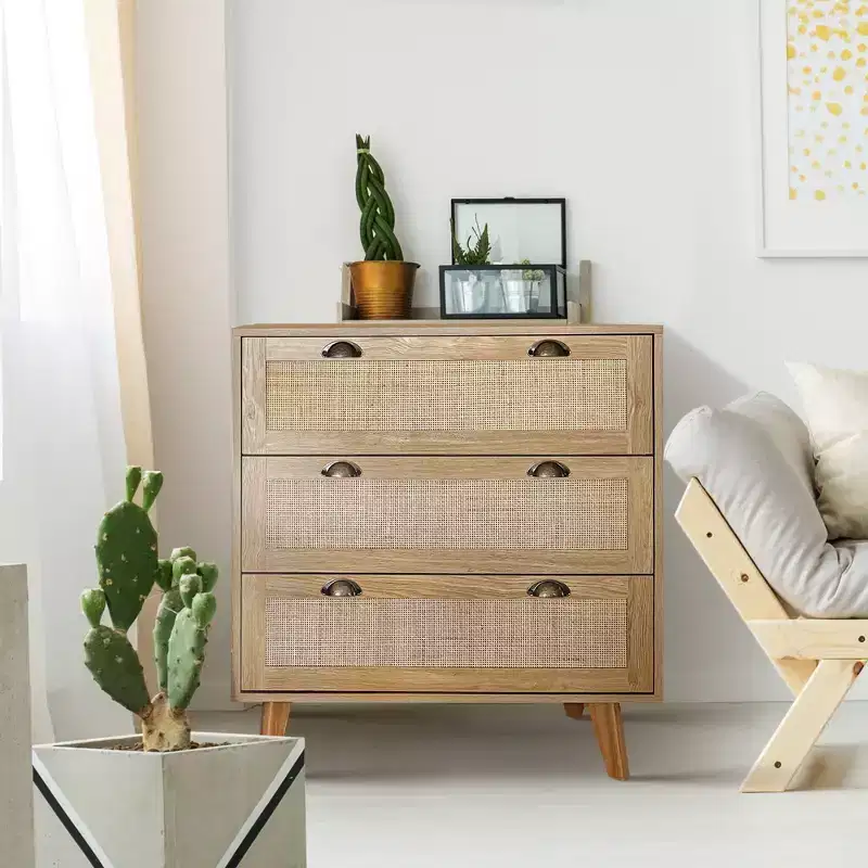 Captiva Designs Boho Rattan Nightstand Dresser Cabinet with Natural Rattan Drawer for Entryway, Living Room, Closet