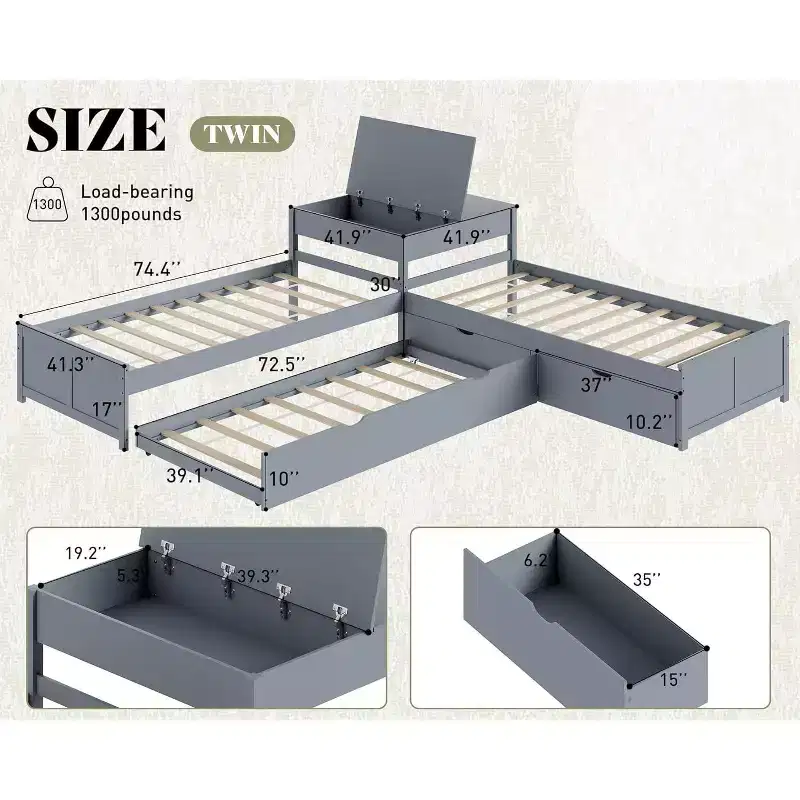 L-Shaped Twin Solid Wood Trundle Bed with Flip-Top Storage Desk, Space-Saving Platform Frame for Kids and Family Rooms