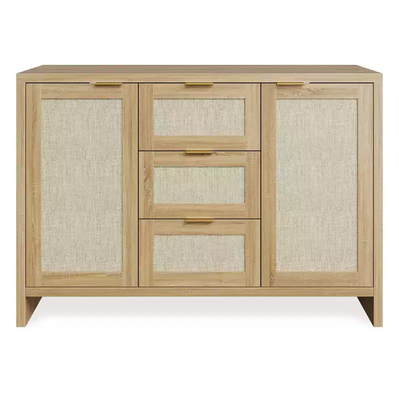 47'' Modern Rattan Buffet Cabinet Sideboard with Storage, Boho Credenza with Drawers & Doors, Wooden Coffee Bar Cabinet