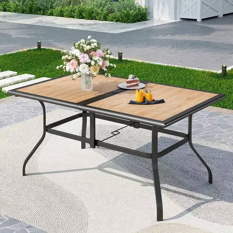 7pc Patio Dining Set with Rectangular Faux Wood Table with Umbrella Hole & Swivel Chairs - Captiva Designs