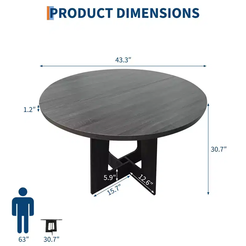 43.3 Farmhouse Round Dining Table for 4, Space-Saving Wooden Kitchen Circle Table w/ Sturdy Pedestal Base for Small Spaces & Dining Room