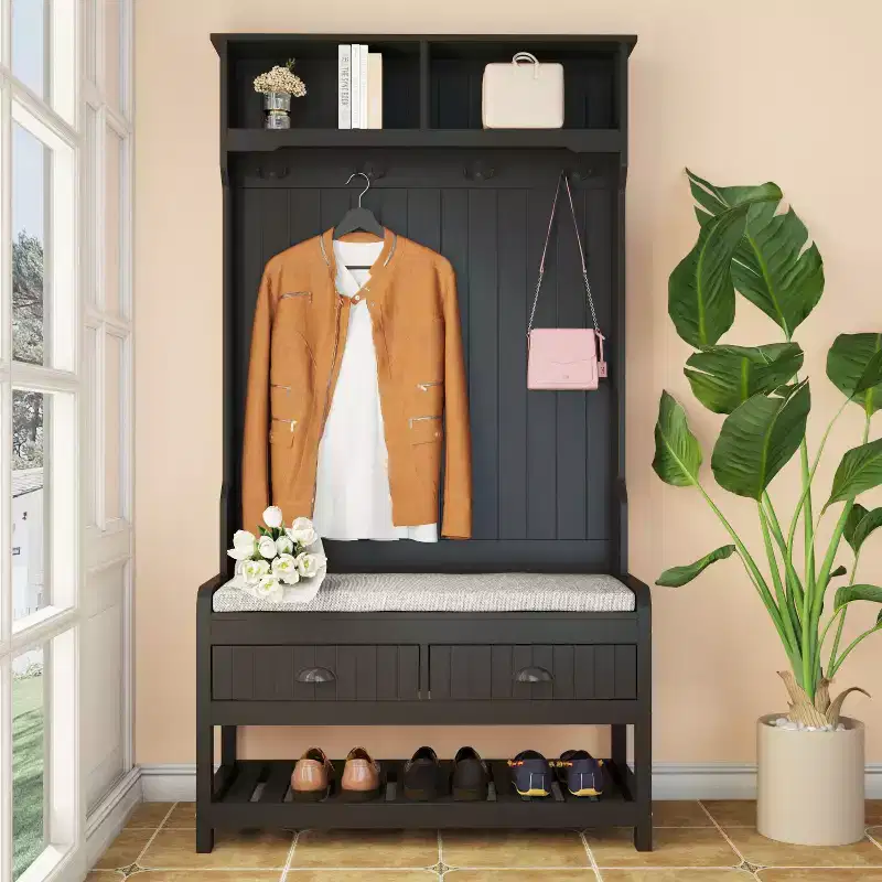 Famapy Wood 3-in-1 Hall Tree with 4-Metal Hooks Storage Bench