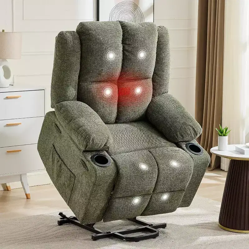 Recliner with Massage  Oversized Lift Assist Chair, 155 Lay-Flat Recline, 2 Cup Holders, Linen Fabric for Elderly & Living Room Comfort