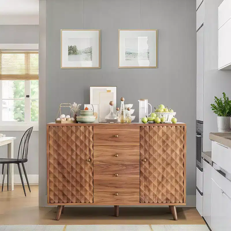47 in Wood Farmhouse Buffet Cabinet with 2 Doors and 4 Drawers, Diamond Engraving Sideboard, 47.2x15.7x33.5 in