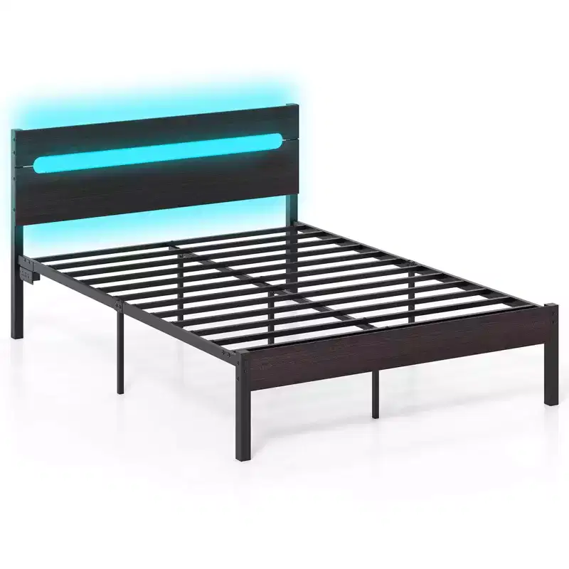 Full Size Bed Frame with Built-in Charging Station & RGB LED Lights - Rustic Brown/Walnut