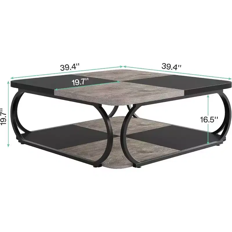 Lantine 39-Inch Coffee Table with Open Storage Shelf, Large Wood Square Low Center Table for Living Room, Home Office, Black Rustic Grey