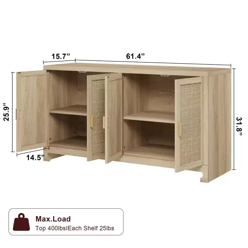 GustoWave Rattan Accent Storage Cabinet with 4 Doors and Shelf - Modern Console Coffee Bar Cabinet for Dining Room, Kitchen, Living Room