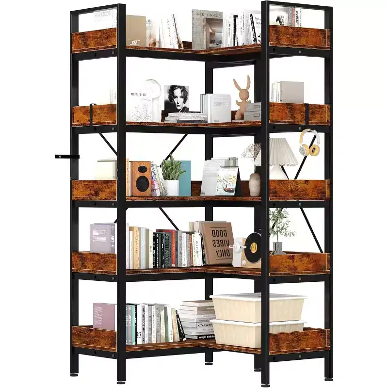 65 5-Tier L-Shaped Corner Bookshelf, 10 Open Shelf Industrial Storage Unit for Living Room, Home Office