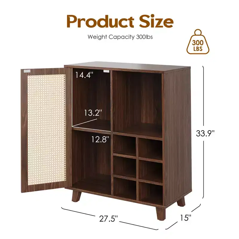 JVNOXK 34-inch Storage Sideboard with Wine Rack, Multiple Storage Compartments, for Living Room Furniture, Walnut