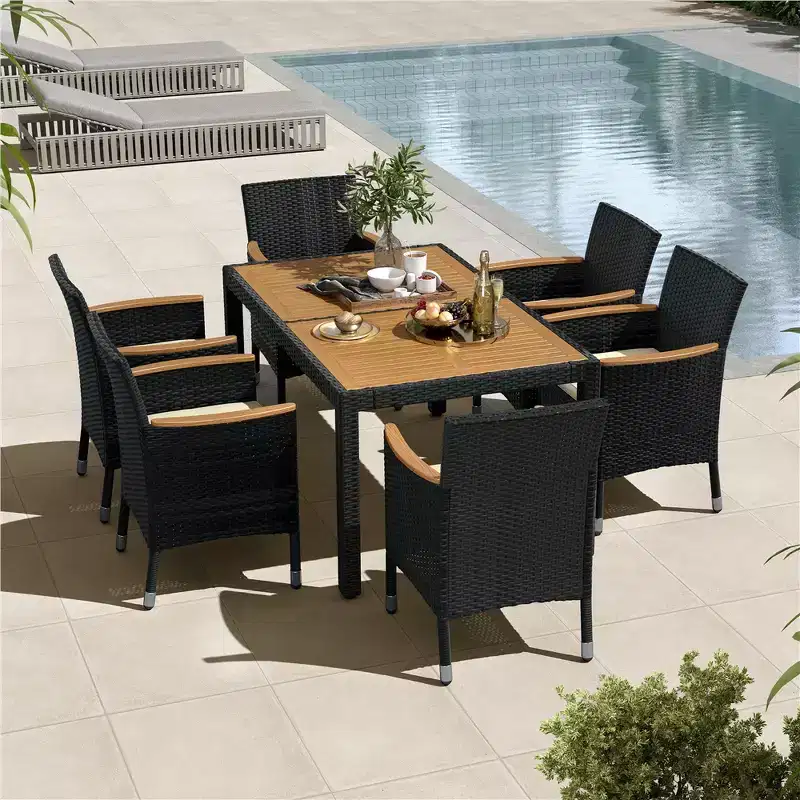 Yaheetech 7 PCS Outdoor Dining Set Rattan Patio Furniture Set with 6 Chairs for Backyards, Porches, Black and Beige