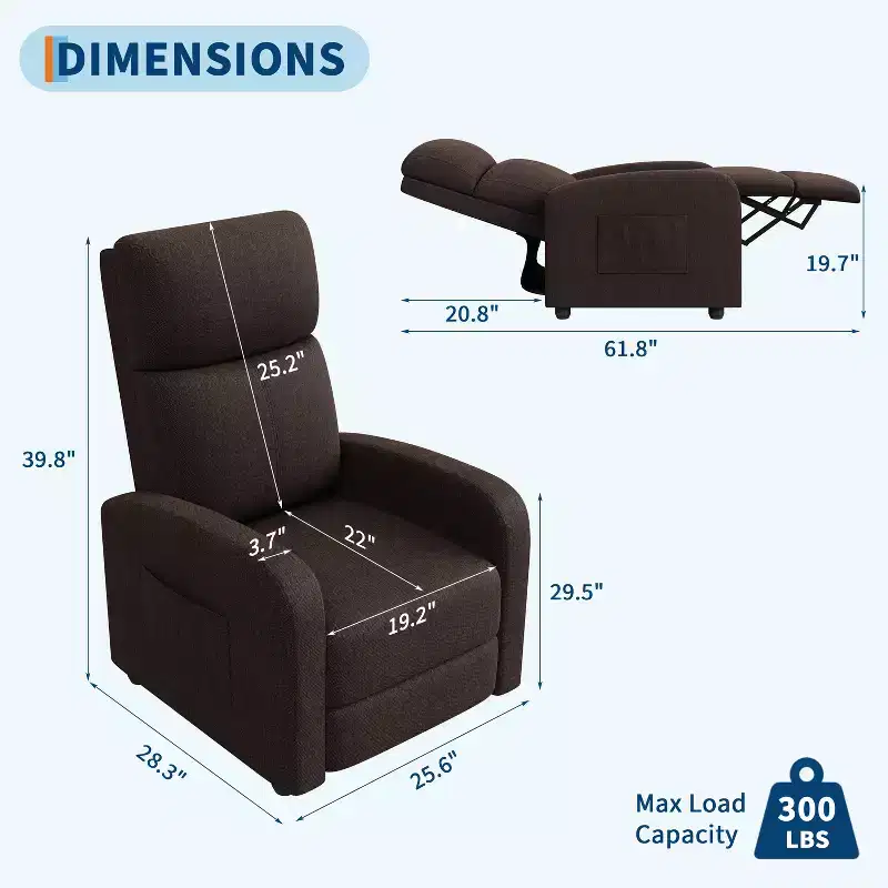 Garvee Lazy Recliner Single Sofa Seat, Adjustable from 90 to 150 ,Enhanced with Side Pocket, Wide Arms & Padded Seat