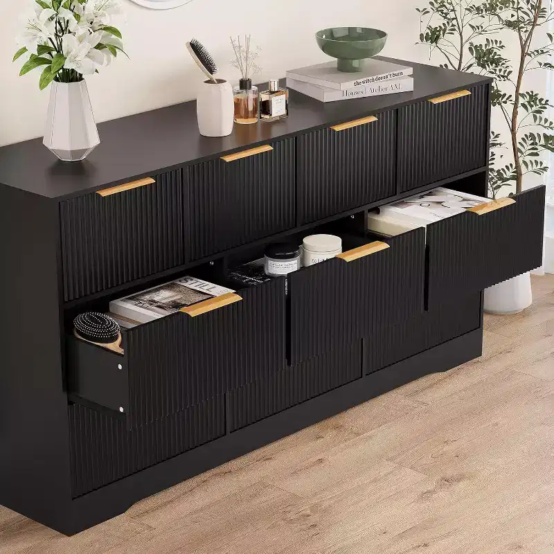 10-Drawer Fluted Dresser with Gold Handles, Modern Long Chest Organizer, Stylish Storage for Bedroom, Living Room, Entryway