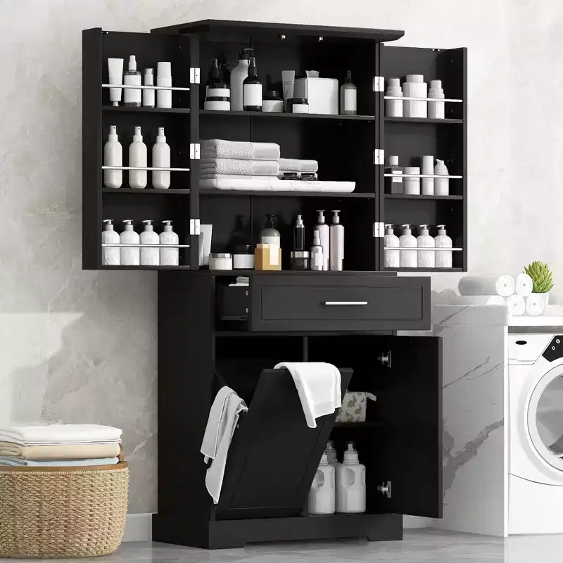 GDFStudio Josh Multiple Compartments Storage Bathroom Cabinet with Tilt-Out Laundry Hamper and Adjustable Shelf