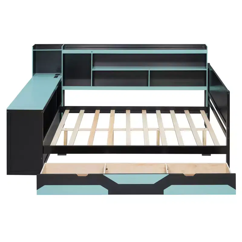 Full/Queen Gaming Daybed with Bookcase Headboard, LED Lights, Integrated Desk, Drawers and Charging Station