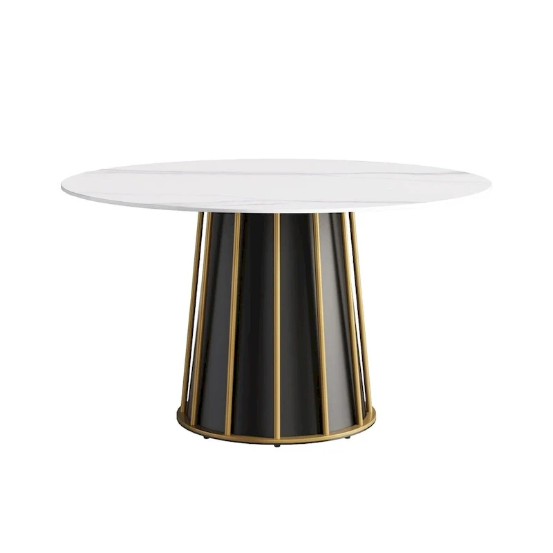 53 White Sintered Stone Round Dining Table with Lazy Susan - N/A