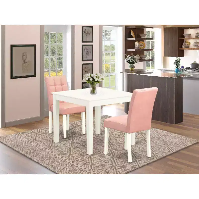 HomeStock 3-Pc Linen White Finish Square Solid Wood Top Dining Table Set - Seats 2