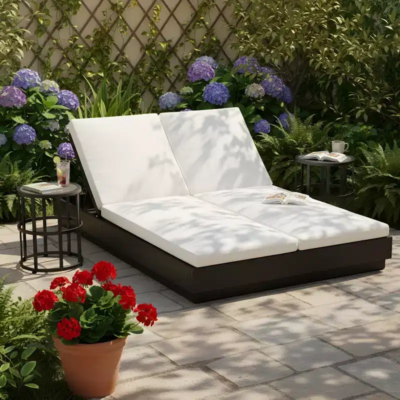 Christopher Knight Home Rizky Modern 3 Piece Acacia Patio Double Sunlounge with 5-Position Backrest and Table Set