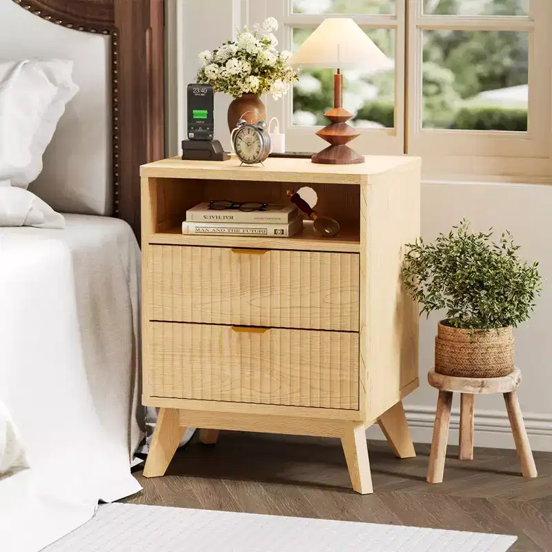 Modern Fluted Nightstand, Wood Side Table, End Table with 2 Drawers + Open Shelf,Bedside Table for Bedroom, Living Room