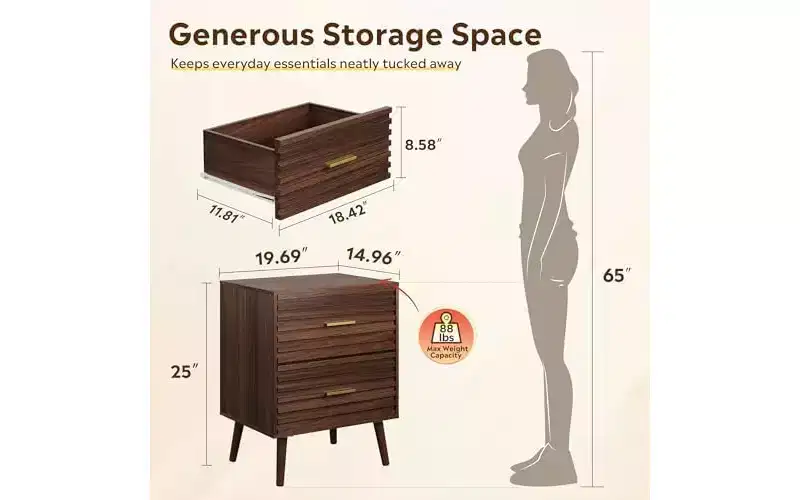 DEXYLLO Mid Century Modern Nightstand, Fluted Wood Bedside Table with Two Drawers, Night Stand for Bedroom, Brown