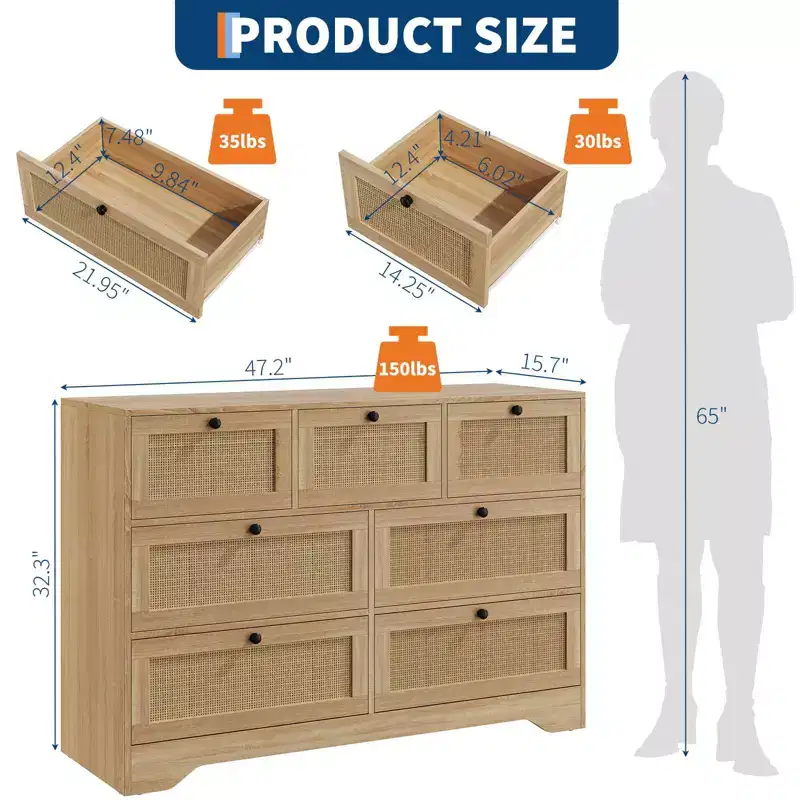 Rattan 7 Drawer Dresser for Bedroom, 51 Wide Chest of Drawers, Beside Table for Closet, Wood Storage Organizer for Living Room Hallway Entryway