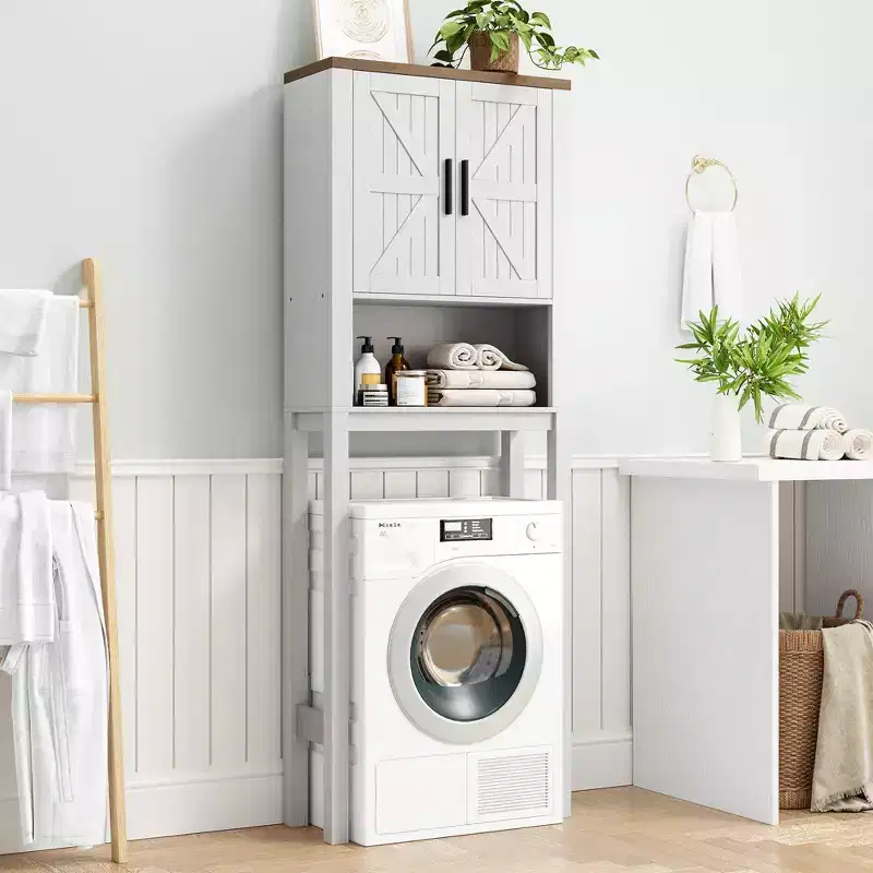 Freestanding Over the Toilet Storage Cabinet 2 Barn Doors Toilet Paper Holder Space-Saving Bathroom Organizer Shelf with Doors Shelve